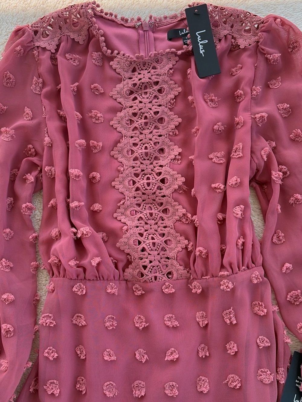 Lulu's Rose Pink Crochet-Trim Swiss Dot Mini Dress